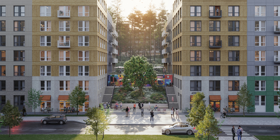 Flerbostadshus med 8 våningar längs med Hanstavägen. Fasader i ljusgrått och beige. Levande gatumiljö med bilar, människor på bred trottoar och en yta mellan husen med träd och trappor. Illustration